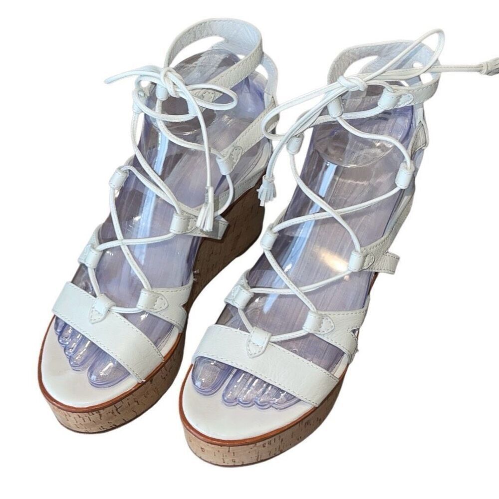 Frye Womens Heather Lace Up Tassel Cork Wedge Gladiator Sandals White Tan Size 6